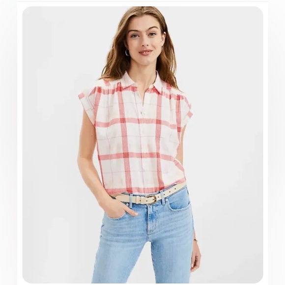 Loft - Plaid Dolman Henley Top, Red/Pink/White, size LARGE, NWOT, never worn - Picture 2 of 8